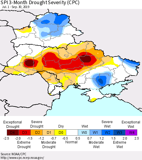 Ukraine, Moldova and Belarus SPI 3-Month Drought Severity (CPC) Thematic Map For 7/1/2019 - 9/30/2019