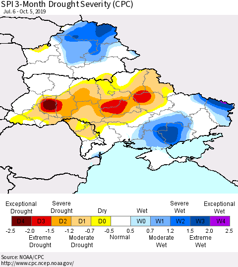 Ukraine, Moldova and Belarus SPI 3-Month Drought Severity (CPC) Thematic Map For 7/6/2019 - 10/5/2019