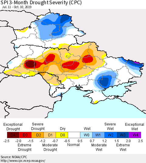 Ukraine, Moldova and Belarus SPI 3-Month Drought Severity (CPC) Thematic Map For 7/11/2019 - 10/10/2019