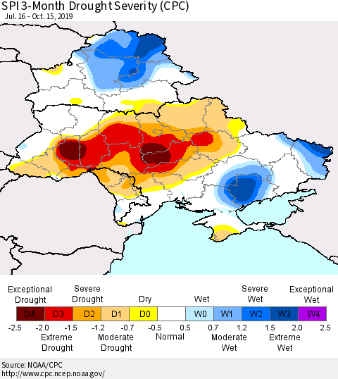 Ukraine, Moldova and Belarus SPI 3-Month Drought Severity (CPC) Thematic Map For 7/16/2019 - 10/15/2019
