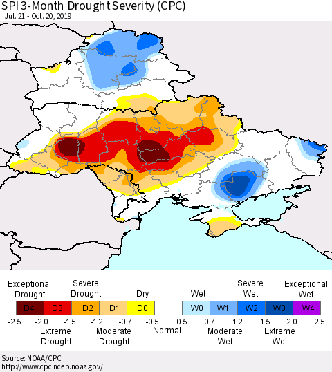 Ukraine, Moldova and Belarus SPI 3-Month Drought Severity (CPC) Thematic Map For 7/21/2019 - 10/20/2019
