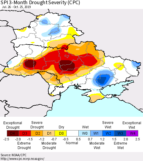Ukraine, Moldova and Belarus SPI 3-Month Drought Severity (CPC) Thematic Map For 7/26/2019 - 10/25/2019