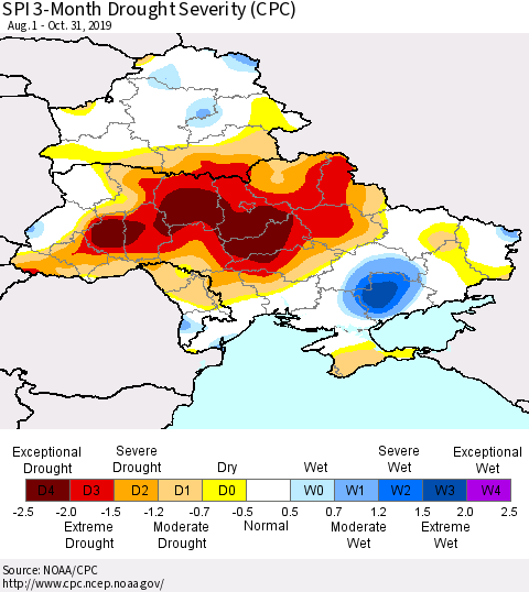 Ukraine, Moldova and Belarus SPI 3-Month Drought Severity (CPC) Thematic Map For 8/1/2019 - 10/31/2019