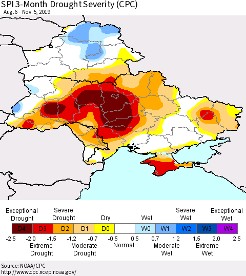 Ukraine, Moldova and Belarus SPI 3-Month Drought Severity (CPC) Thematic Map For 8/6/2019 - 11/5/2019