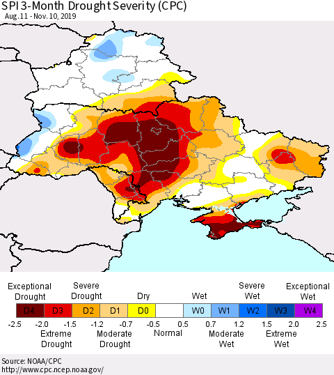 Ukraine, Moldova and Belarus SPI 3-Month Drought Severity (CPC) Thematic Map For 8/11/2019 - 11/10/2019