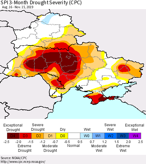 Ukraine, Moldova and Belarus SPI 3-Month Drought Severity (CPC) Thematic Map For 8/16/2019 - 11/15/2019