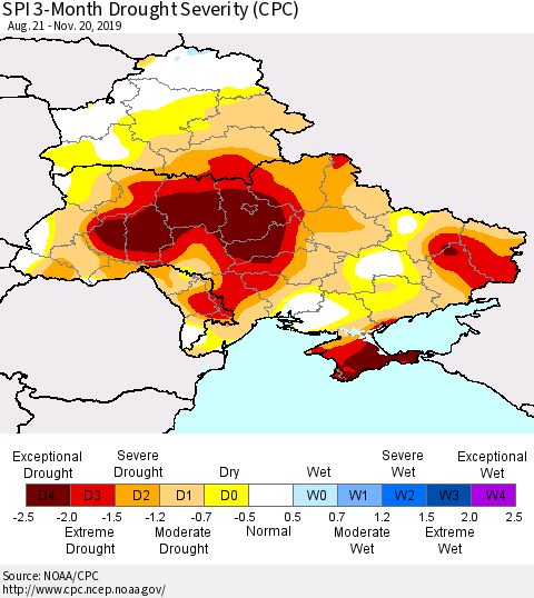 Ukraine, Moldova and Belarus SPI 3-Month Drought Severity (CPC) Thematic Map For 8/21/2019 - 11/20/2019