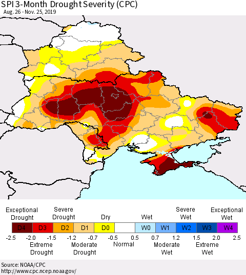 Ukraine, Moldova and Belarus SPI 3-Month Drought Severity (CPC) Thematic Map For 8/26/2019 - 11/25/2019