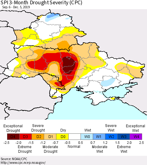 Ukraine, Moldova and Belarus SPI 3-Month Drought Severity (CPC) Thematic Map For 9/6/2019 - 12/5/2019