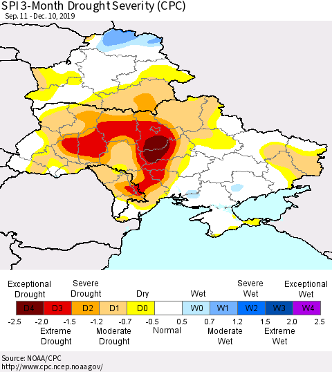 Ukraine, Moldova and Belarus SPI 3-Month Drought Severity (CPC) Thematic Map For 9/11/2019 - 12/10/2019