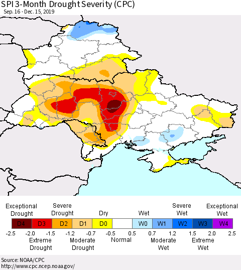 Ukraine, Moldova and Belarus SPI 3-Month Drought Severity (CPC) Thematic Map For 9/16/2019 - 12/15/2019