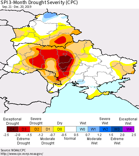 Ukraine, Moldova and Belarus SPI 3-Month Drought Severity (CPC) Thematic Map For 9/21/2019 - 12/20/2019