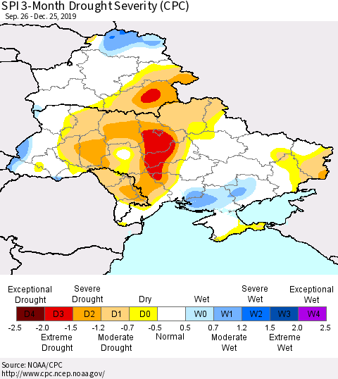 Ukraine, Moldova and Belarus SPI 3-Month Drought Severity (CPC) Thematic Map For 9/26/2019 - 12/25/2019