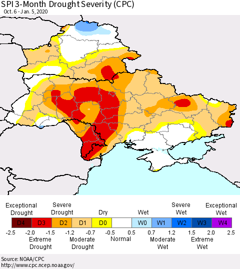 Ukraine, Moldova and Belarus SPI 3-Month Drought Severity (CPC) Thematic Map For 10/6/2019 - 1/5/2020