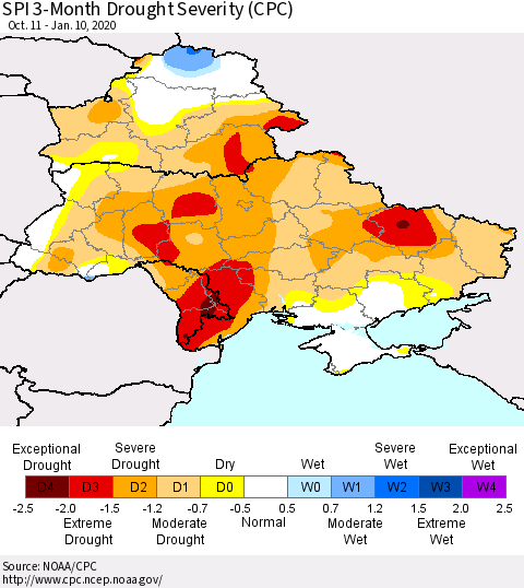 Ukraine, Moldova and Belarus SPI 3-Month Drought Severity (CPC) Thematic Map For 10/11/2019 - 1/10/2020