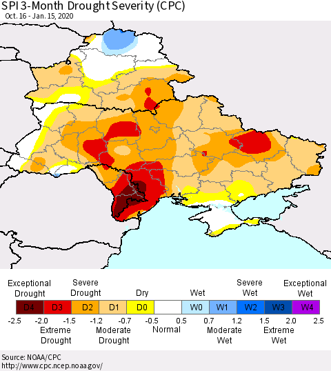 Ukraine, Moldova and Belarus SPI 3-Month Drought Severity (CPC) Thematic Map For 10/16/2019 - 1/15/2020