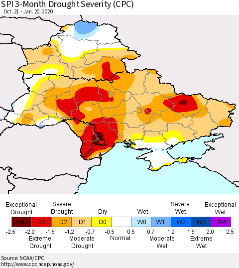 Ukraine, Moldova and Belarus SPI 3-Month Drought Severity (CPC) Thematic Map For 10/21/2019 - 1/20/2020