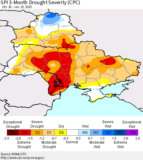 Ukraine, Moldova and Belarus SPI 3-Month Drought Severity (CPC) Thematic Map For 10/26/2019 - 1/25/2020