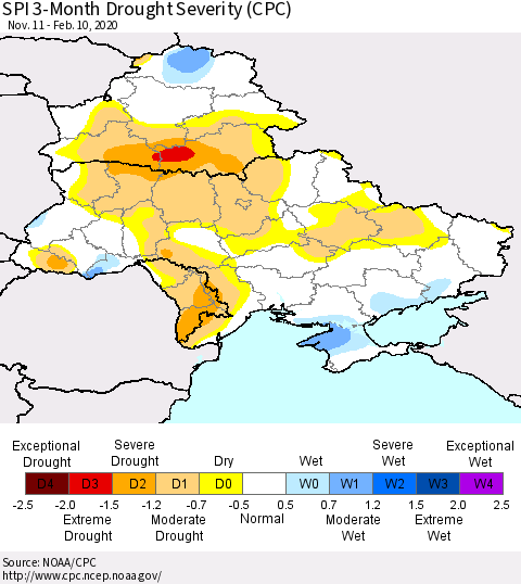 Ukraine, Moldova and Belarus SPI 3-Month Drought Severity (CPC) Thematic Map For 11/11/2019 - 2/10/2020