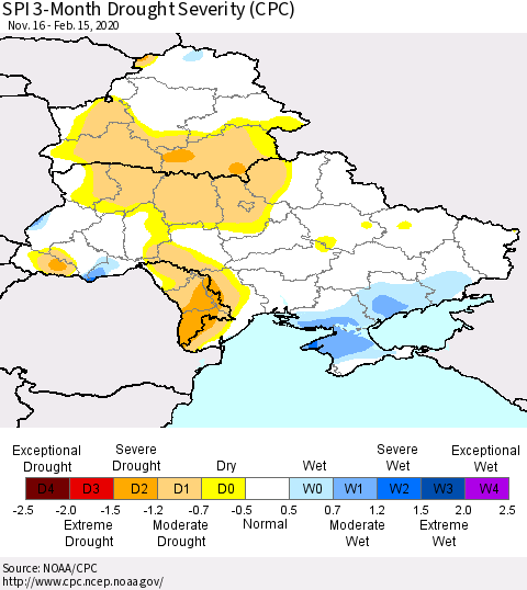 Ukraine, Moldova and Belarus SPI 3-Month Drought Severity (CPC) Thematic Map For 11/16/2019 - 2/15/2020