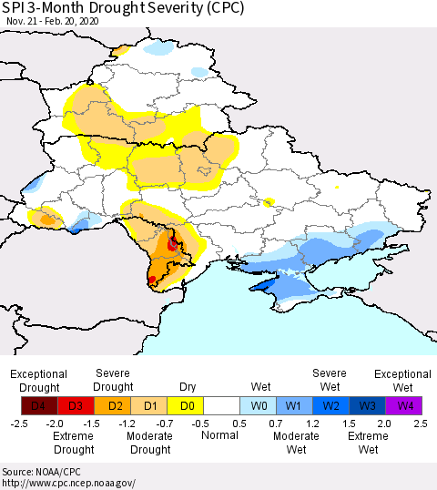 Ukraine, Moldova and Belarus SPI 3-Month Drought Severity (CPC) Thematic Map For 11/21/2019 - 2/20/2020