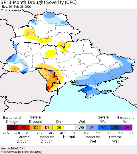 Ukraine, Moldova and Belarus SPI 3-Month Drought Severity (CPC) Thematic Map For 11/26/2019 - 2/25/2020