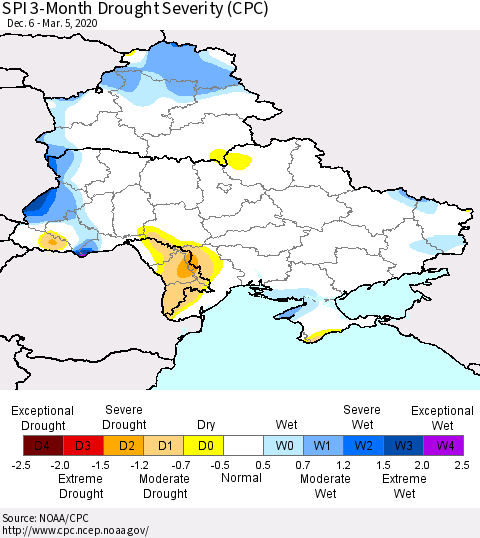 Ukraine, Moldova and Belarus SPI 3-Month Drought Severity (CPC) Thematic Map For 12/6/2019 - 3/5/2020