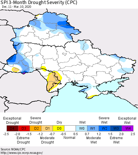 Ukraine, Moldova and Belarus SPI 3-Month Drought Severity (CPC) Thematic Map For 12/11/2019 - 3/10/2020