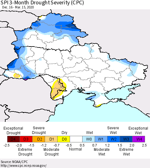 Ukraine, Moldova and Belarus SPI 3-Month Drought Severity (CPC) Thematic Map For 12/16/2019 - 3/15/2020