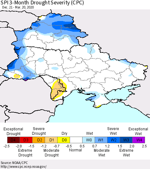 Ukraine, Moldova and Belarus SPI 3-Month Drought Severity (CPC) Thematic Map For 12/21/2019 - 3/20/2020