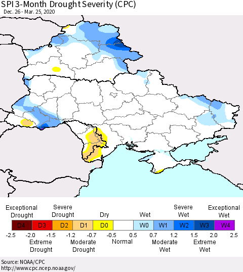 Ukraine, Moldova and Belarus SPI 3-Month Drought Severity (CPC) Thematic Map For 12/26/2019 - 3/25/2020