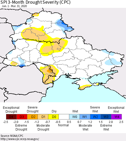 Ukraine, Moldova and Belarus SPI 3-Month Drought Severity (CPC) Thematic Map For 1/1/2020 - 3/31/2020