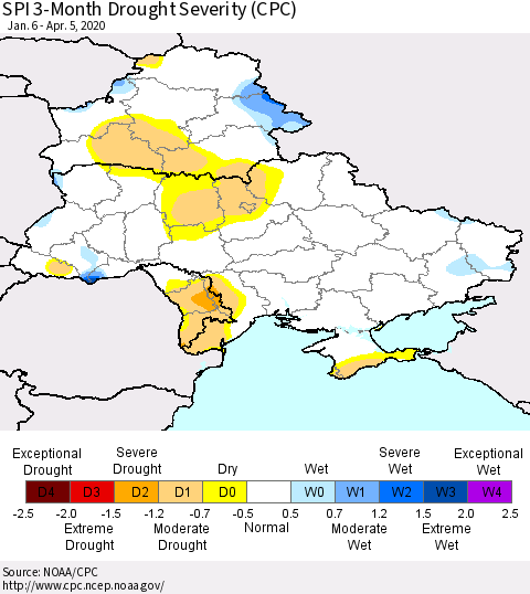 Ukraine, Moldova and Belarus SPI 3-Month Drought Severity (CPC) Thematic Map For 1/6/2020 - 4/5/2020