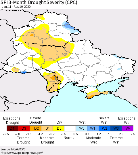 Ukraine, Moldova and Belarus SPI 3-Month Drought Severity (CPC) Thematic Map For 1/11/2020 - 4/10/2020