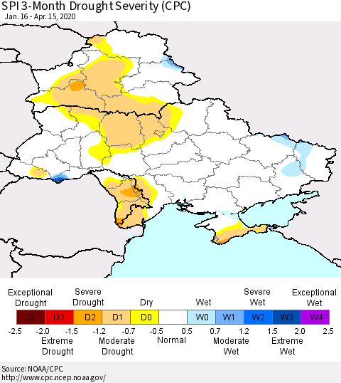 Ukraine, Moldova and Belarus SPI 3-Month Drought Severity (CPC) Thematic Map For 1/16/2020 - 4/15/2020