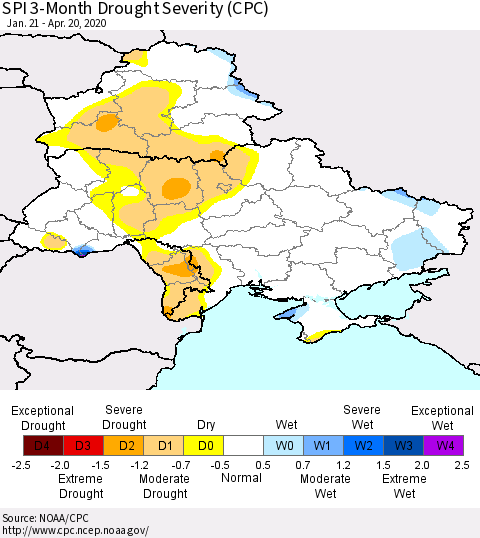 Ukraine, Moldova and Belarus SPI 3-Month Drought Severity (CPC) Thematic Map For 1/21/2020 - 4/20/2020