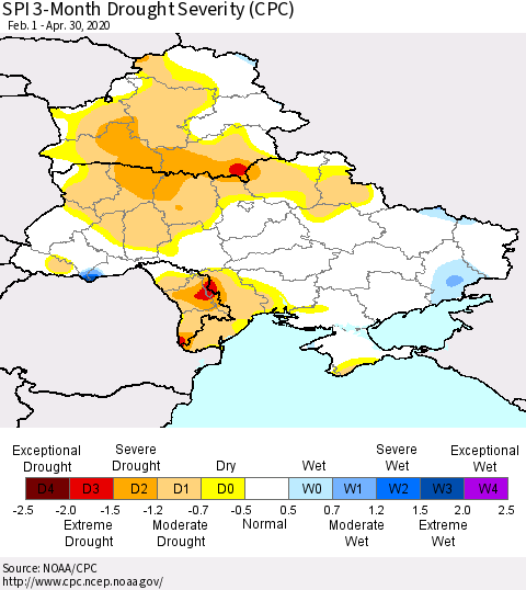 Ukraine, Moldova and Belarus SPI 3-Month Drought Severity (CPC) Thematic Map For 2/1/2020 - 4/30/2020