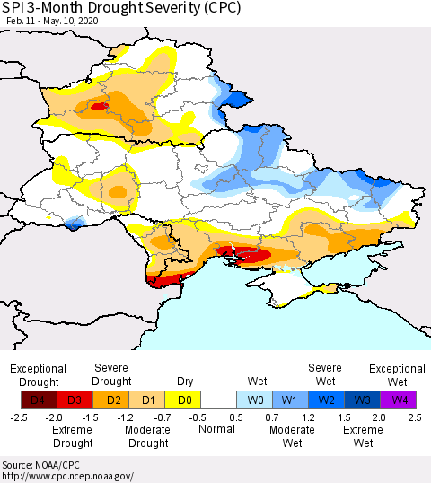 Ukraine, Moldova and Belarus SPI 3-Month Drought Severity (CPC) Thematic Map For 2/11/2020 - 5/10/2020