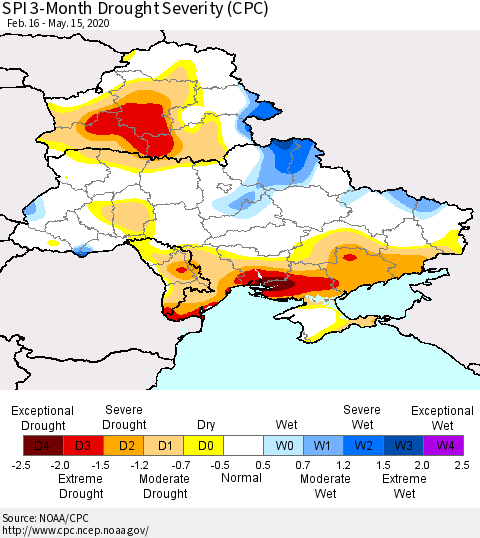 Ukraine, Moldova and Belarus SPI 3-Month Drought Severity (CPC) Thematic Map For 2/16/2020 - 5/15/2020