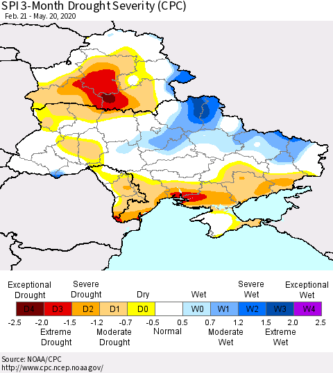 Ukraine, Moldova and Belarus SPI 3-Month Drought Severity (CPC) Thematic Map For 2/21/2020 - 5/20/2020