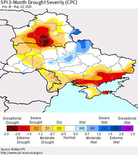 Ukraine, Moldova and Belarus SPI 3-Month Drought Severity (CPC) Thematic Map For 2/26/2020 - 5/25/2020