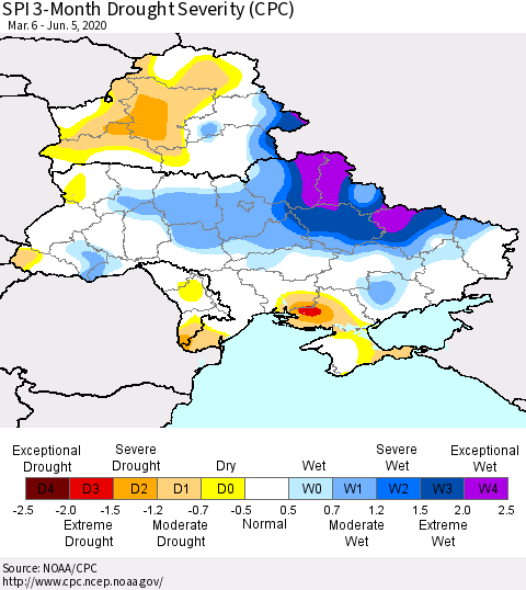 Ukraine, Moldova and Belarus SPI 3-Month Drought Severity (CPC) Thematic Map For 3/6/2020 - 6/5/2020