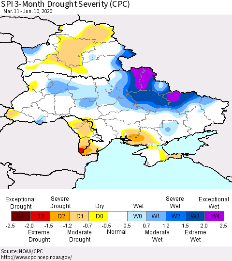 Ukraine, Moldova and Belarus SPI 3-Month Drought Severity (CPC) Thematic Map For 3/11/2020 - 6/10/2020