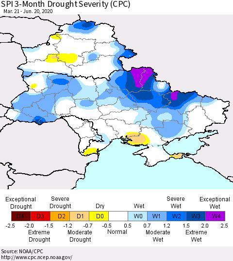 Ukraine, Moldova and Belarus SPI 3-Month Drought Severity (CPC) Thematic Map For 3/21/2020 - 6/20/2020