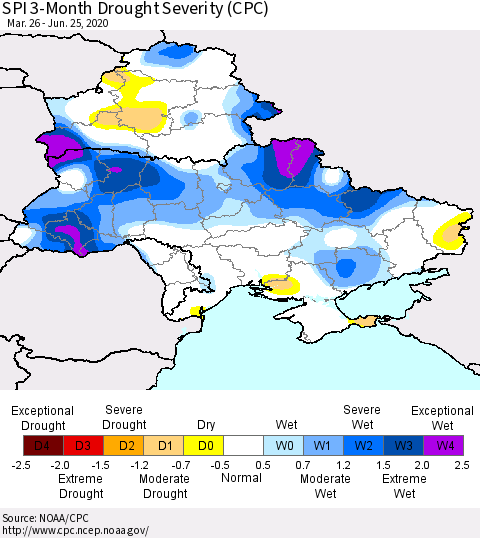 Ukraine, Moldova and Belarus SPI 3-Month Drought Severity (CPC) Thematic Map For 3/26/2020 - 6/25/2020