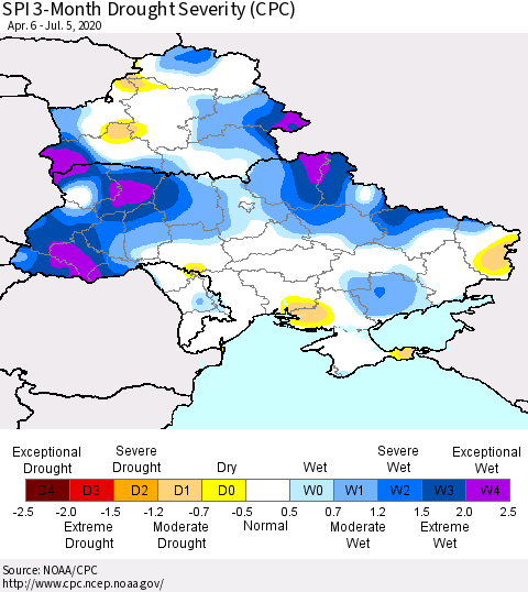 Ukraine, Moldova and Belarus SPI 3-Month Drought Severity (CPC) Thematic Map For 4/6/2020 - 7/5/2020