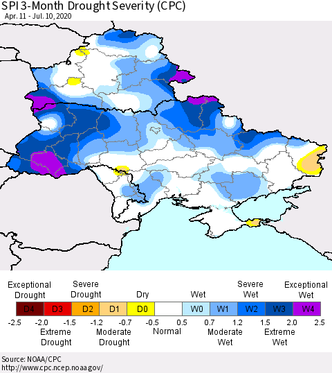 Ukraine, Moldova and Belarus SPI 3-Month Drought Severity (CPC) Thematic Map For 4/11/2020 - 7/10/2020