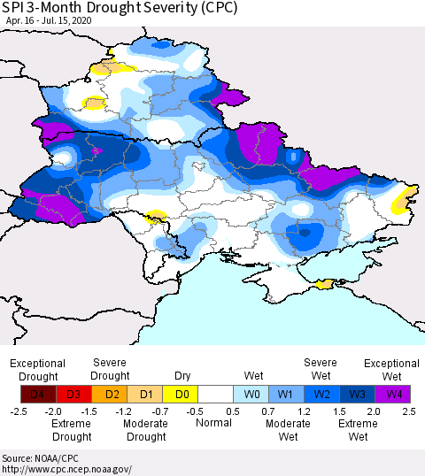 Ukraine, Moldova and Belarus SPI 3-Month Drought Severity (CPC) Thematic Map For 4/16/2020 - 7/15/2020