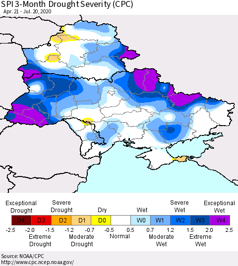 Ukraine, Moldova and Belarus SPI 3-Month Drought Severity (CPC) Thematic Map For 4/21/2020 - 7/20/2020