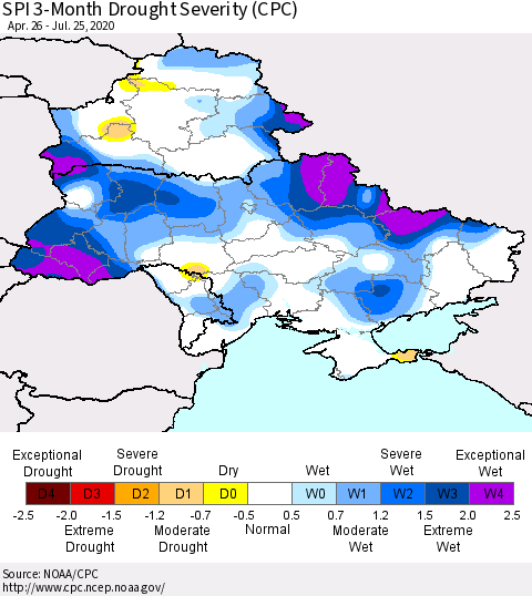 Ukraine, Moldova and Belarus SPI 3-Month Drought Severity (CPC) Thematic Map For 4/26/2020 - 7/25/2020